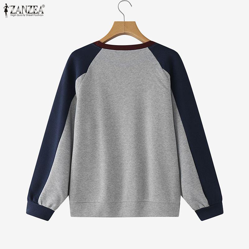 ZANZEA Women Casual Round Neck Patchwork Long Sleeve Pullover Sweatshirts