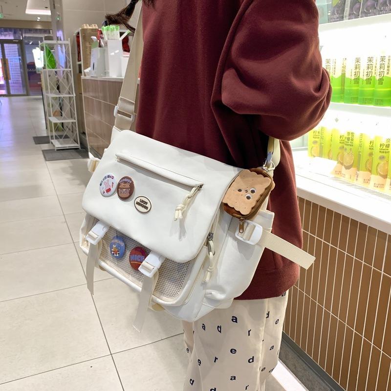 Cute College Style Girl Crossbody Bag Japanese Y2K Student Large Capacity Versatile Postman Bag Transparent Badge Cute Ita Bag