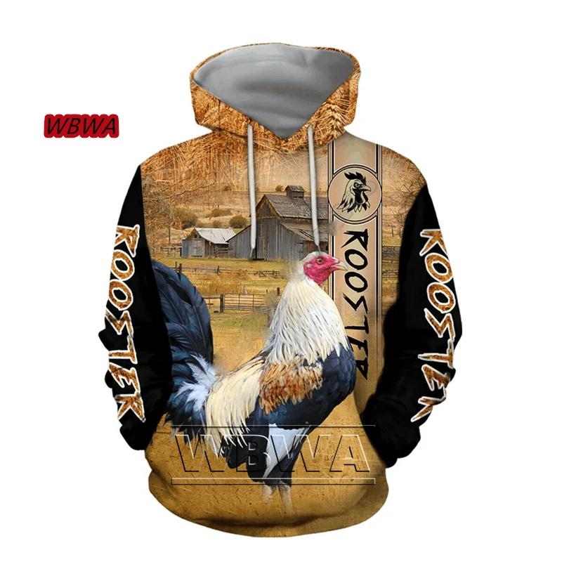 Krásná unisexová luxusní mikina s kapucí s celoplošným 3D potiskem kohouta, pánská mikina, pulovr, ležérní bunda Harajuku, tepláková souprava