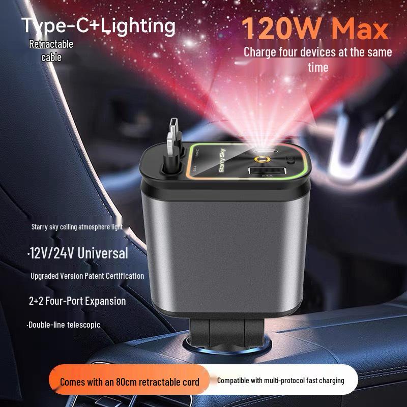 Retractable 4-in-1 Car Charger with RGB Ambient Light and Starry Sky Ceiling.