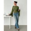 Womens Solid Color Off-Shoulder Long Sleeve Top With Flared Sleeves Slim Fit Knit Blouse 2026