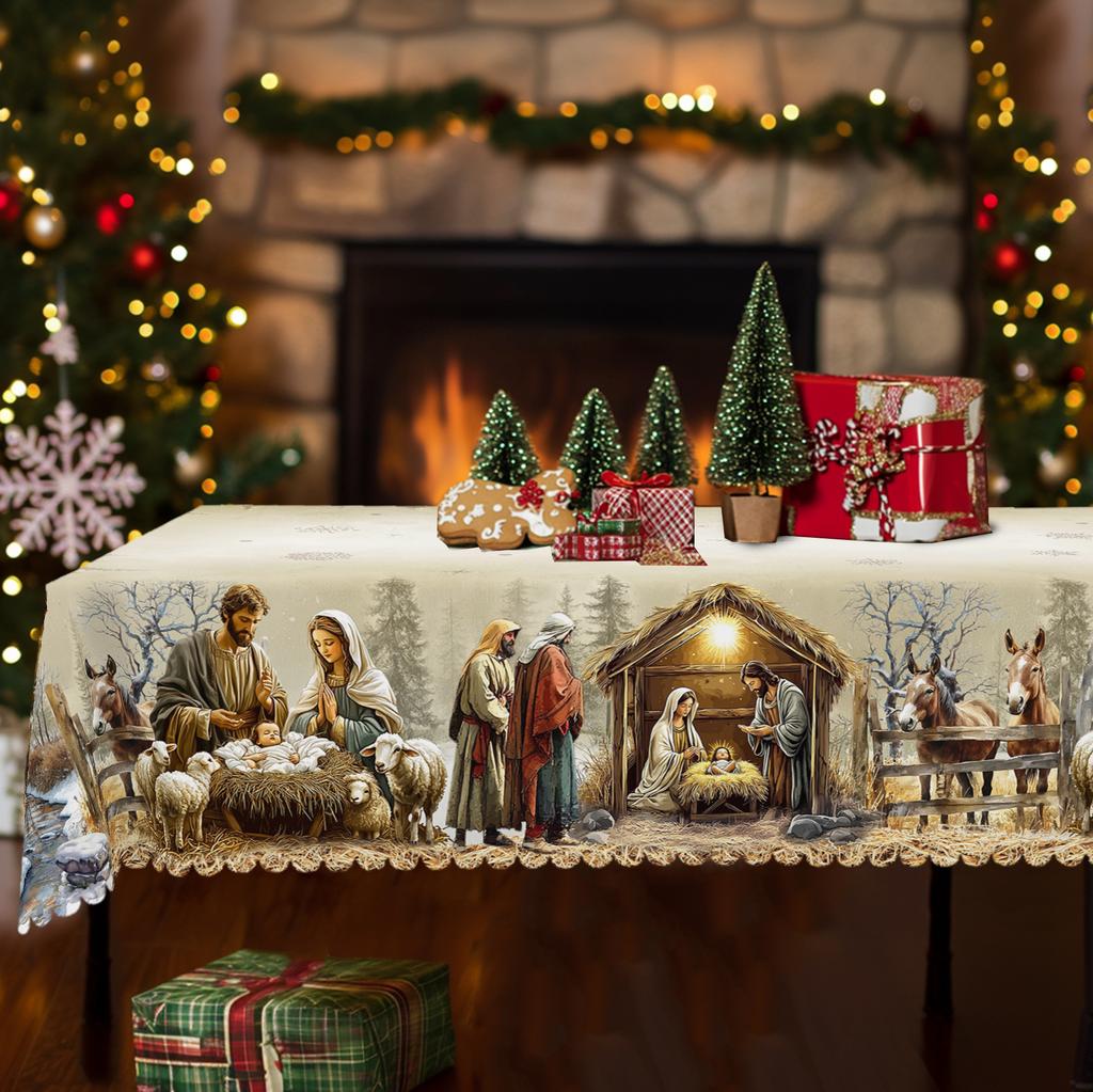 1Pc Christmas Tablecloth With Nativity Scene, Yule Home Party Decor For Indoor Outdoor, Xmas Round Rectangular Table Cloth