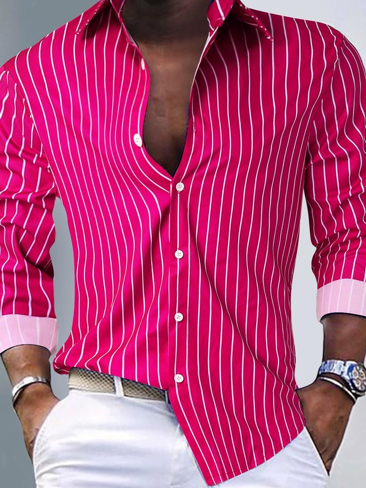 

Модная мужская рубашка с длинным рукавом, в полоску, с лацканами, на пуговицах, топы L розовый