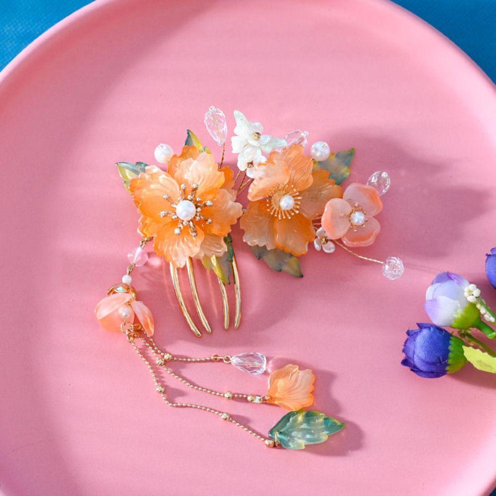 Tassel Ancient Hair Stick Floral Flower Hair Comb Elegant Hanfu Headwear  Hair Accessories