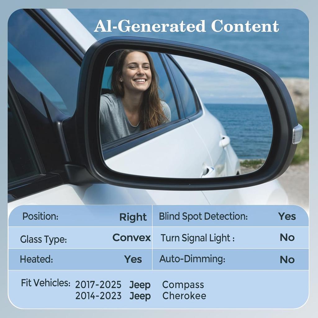 Passenger Right Side Mirror Glass - Compatible with Jeep Vehicles - Compass 2017-2025, Cherokee 2014-2023, with Heated/Blind Spot Detection, Without