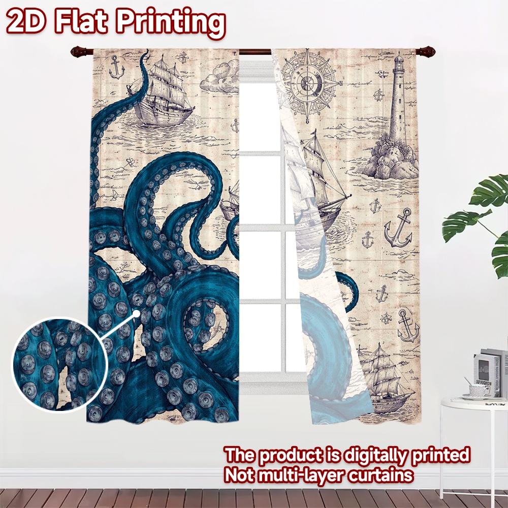 2D FLAT PRINTING 2pcs Curtains (Without Rod) Octopus and Sailing Ships Fashionable Modern Curtains Durable 100% Polyester Fabric