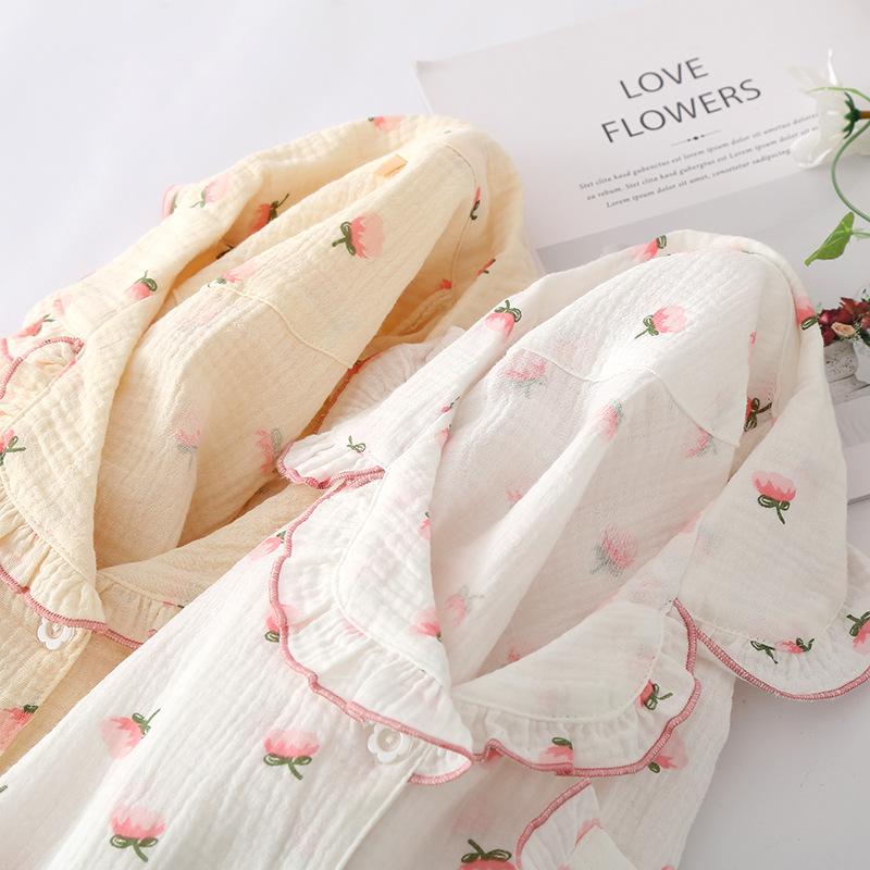 Crepe cotton seersucker women's summer short-sleeved shorts fungus lace collar pajamas set loungewear
