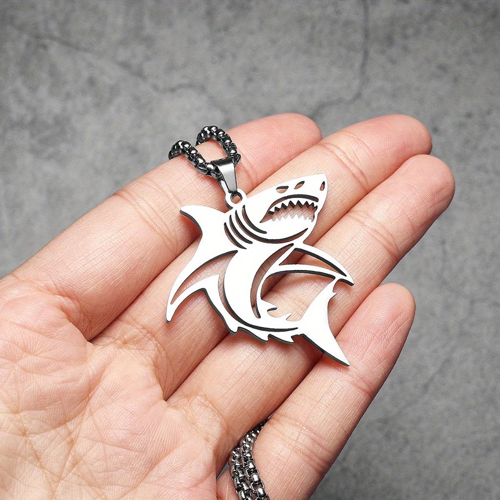 Large White Shark Hollow Necklaces Men's Pendant Stainless Steel T-Shirt Chain Female Punk Fashion Jewelry Accessories Gifts