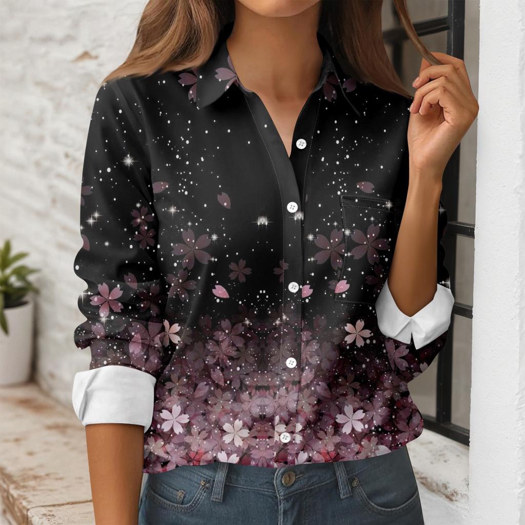 Women's Button Down Prints Shirt Long Sleeve Shirt Business Work Tops Casual With Pockets Jacket