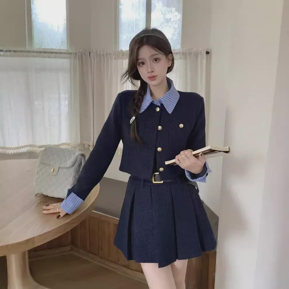 2024 Fall/Winter Women's Long-Sleeve Stitch Shirt Jacket & Pleated Skirt Set