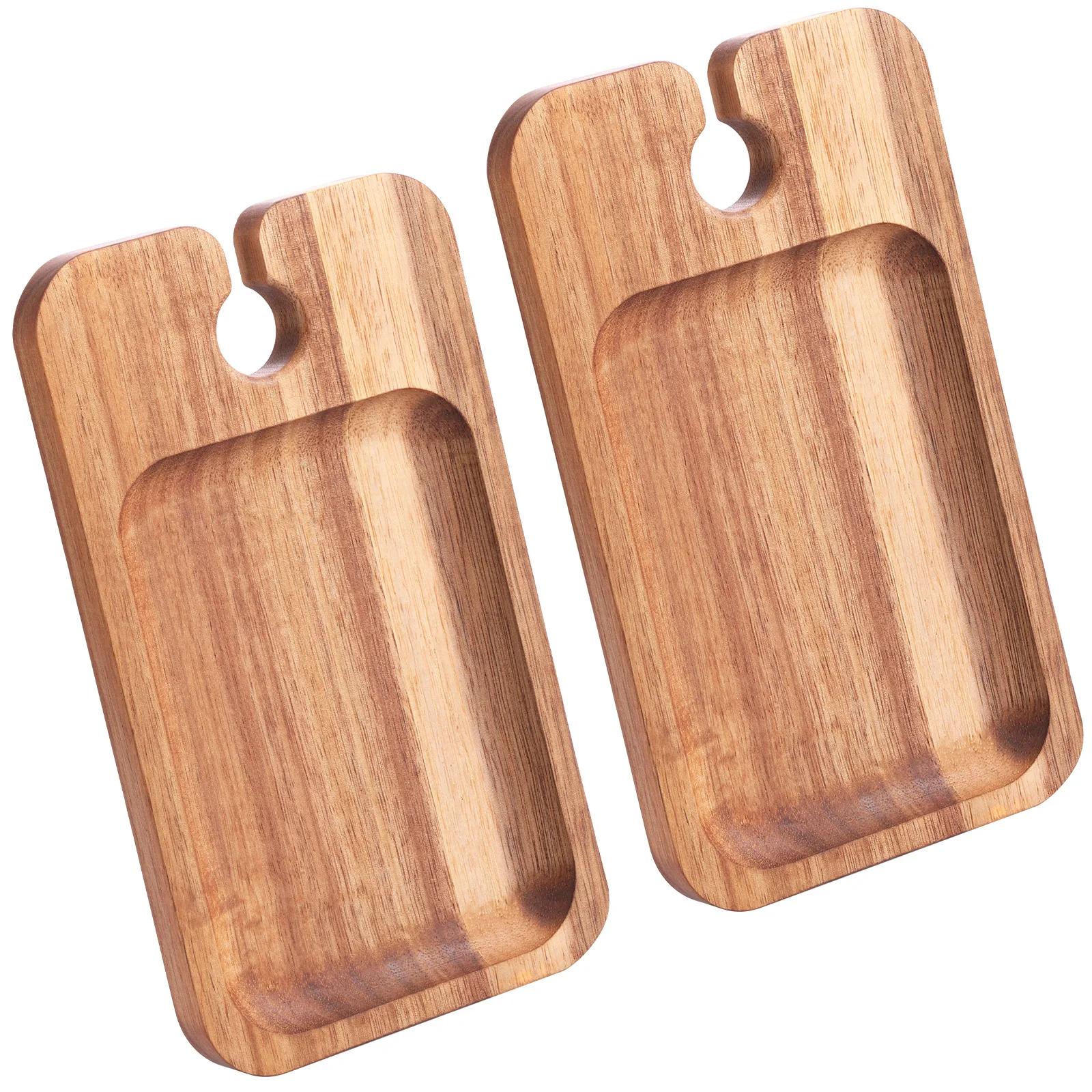 2Pcs Wood Appetizer Plates With Wine Glass Holder Easy to Clean Compact Wine Appetizer Plates Versatile Sturdy Wood Mini
