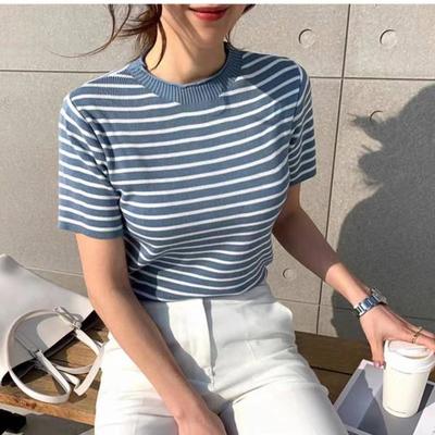 Tops Summer Women Tide Thin Striped Knit Bottoming Shirt Short-sleeved T-shirt Casual Summer Essential Comfort and Style Slim Fit Pullovers Tees