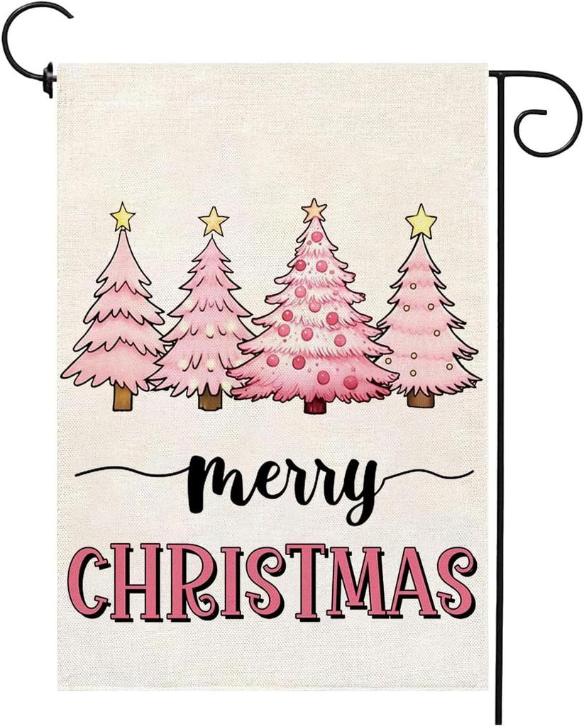 Merry Christmas Garden ag Xmas Pink Tree Burlap 12 x 18 Inch Vertical Double Sided Winter Vacation Decorations Yard Outdoo EEL