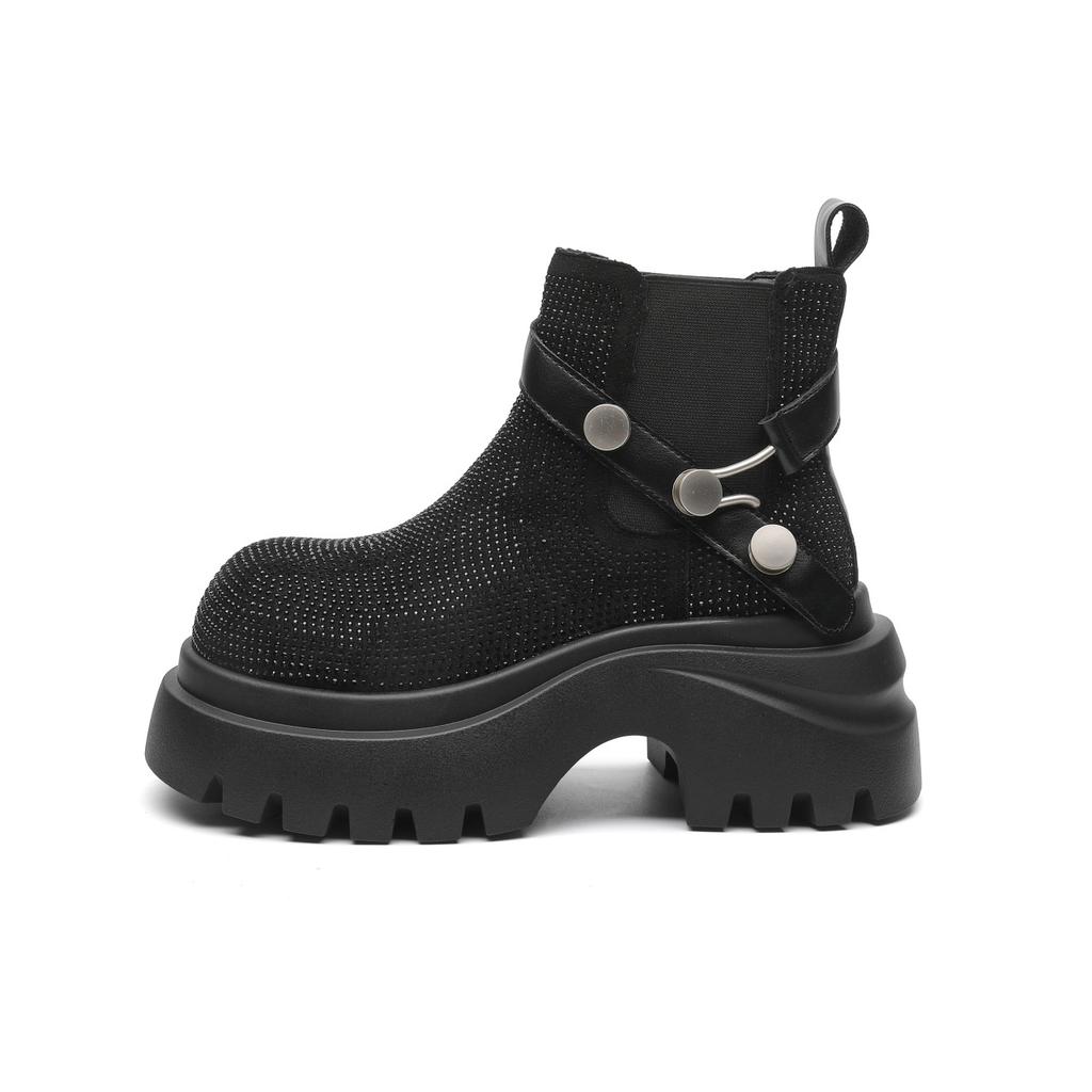 European Station 2025 Autumn and Winter New Leather Platform Premium Martin Boots Women's Fashion Full Diamond Retro Locomotive Boots