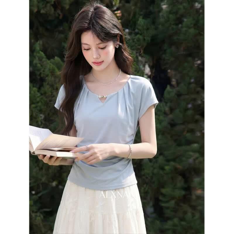 Lu Xiangnan Women s Ash Blue Pleated Waist T-Shirt M