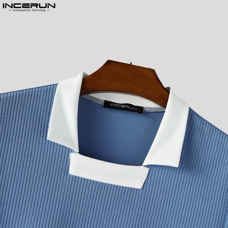 INCERUN Men Lapel Square Collar Short Sleeve Stitching Color Casual Fitted T-shirts