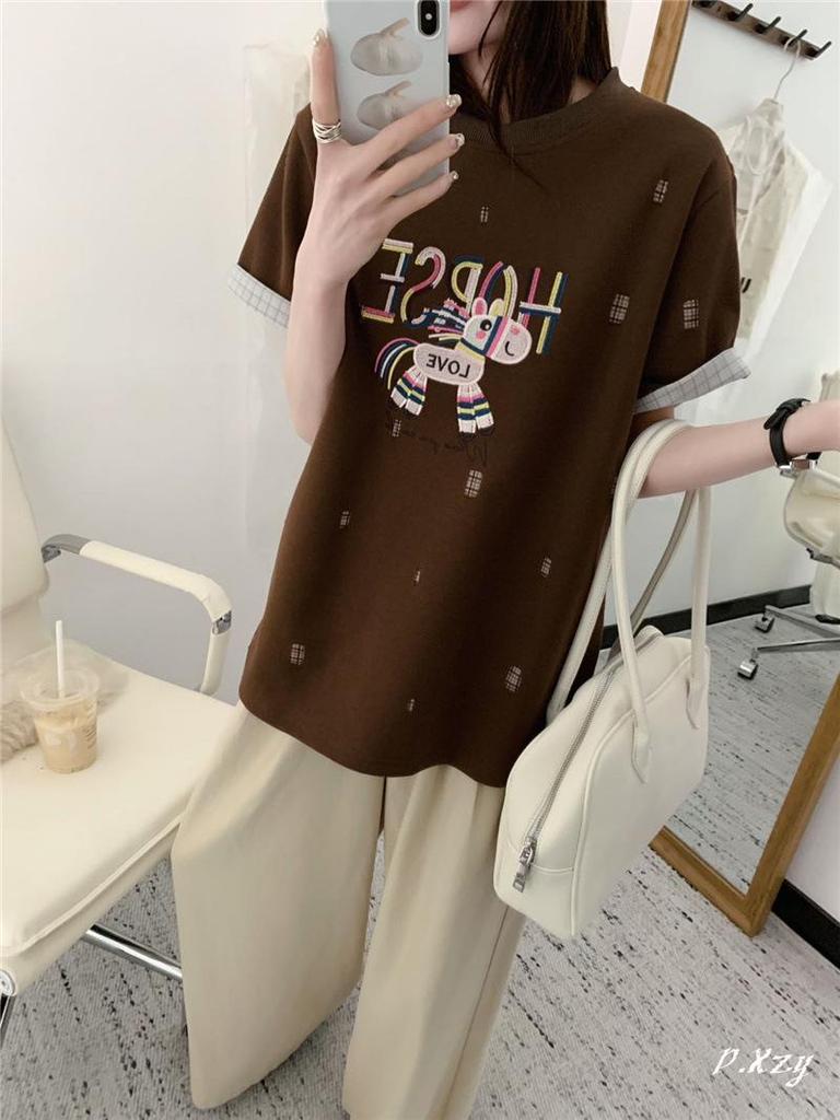 2026 Korean Style Embroidered Cartoon Letter Women's Loose Cotton T-Shirt, Casual Short Sleeve Top for Spring/Summer.