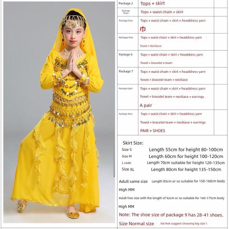 

Children s Indian Dance Performance Dress Belly Dance Set Dance Dance Clothes Children s Skirts Folk Dance Performance Wear Yellow (Package 4) (Size L) suitable for 120-135cm