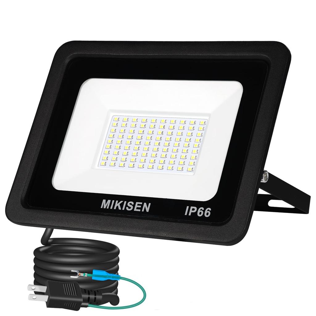 MIKISEN LED Floodlight, Work Light, Sign Light, 80W, Daylight White, 10000LM, 6500K, Equivalent To 1000W, 1.8mm Cord, IP66 Waterproof, 2-Pin Plug