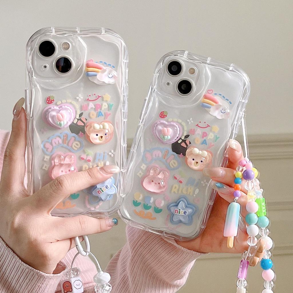 Applicable To IPhone14 Three Dimensional Wavy Rabbit Soft Shell Apple 16 15 Rainbow Ice Cream Bracelet Mobile Phone Case
