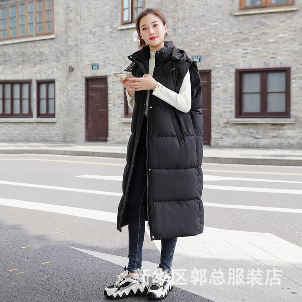 Women's Hooded Sleeveless Long Gilet Loose Fit Padded Vest for Autumn Casual Wear