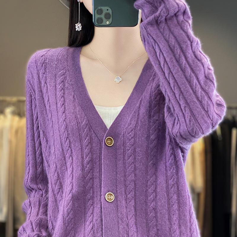 Women's Pure Cashmere Cardigan V Neck Loose Knitwear Sweater, Autumn 2023 Collection