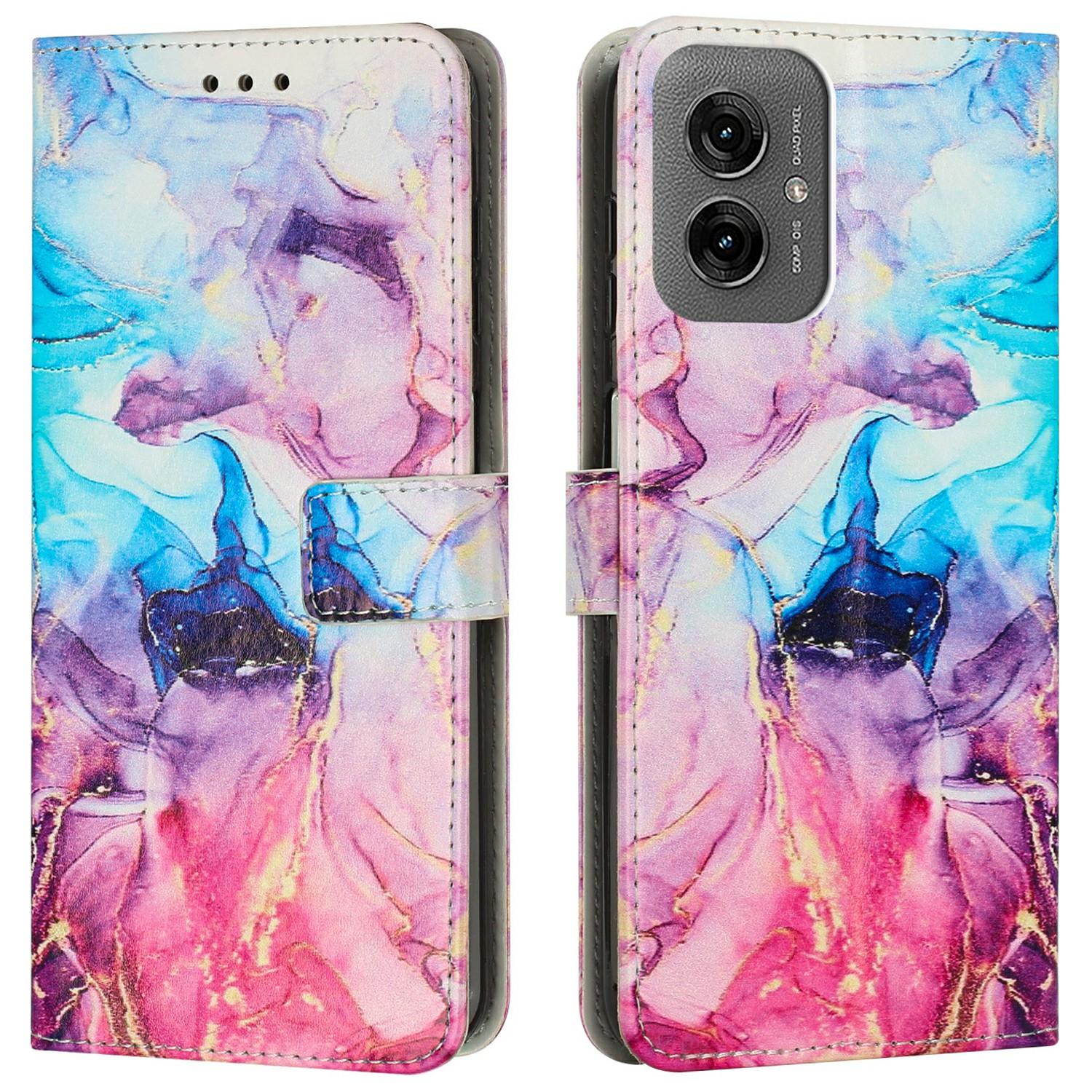 

For Motorola Moto G55 5G Stand Case Marble Pattern PU Leather Wallet Phone Cover Pink/Purple