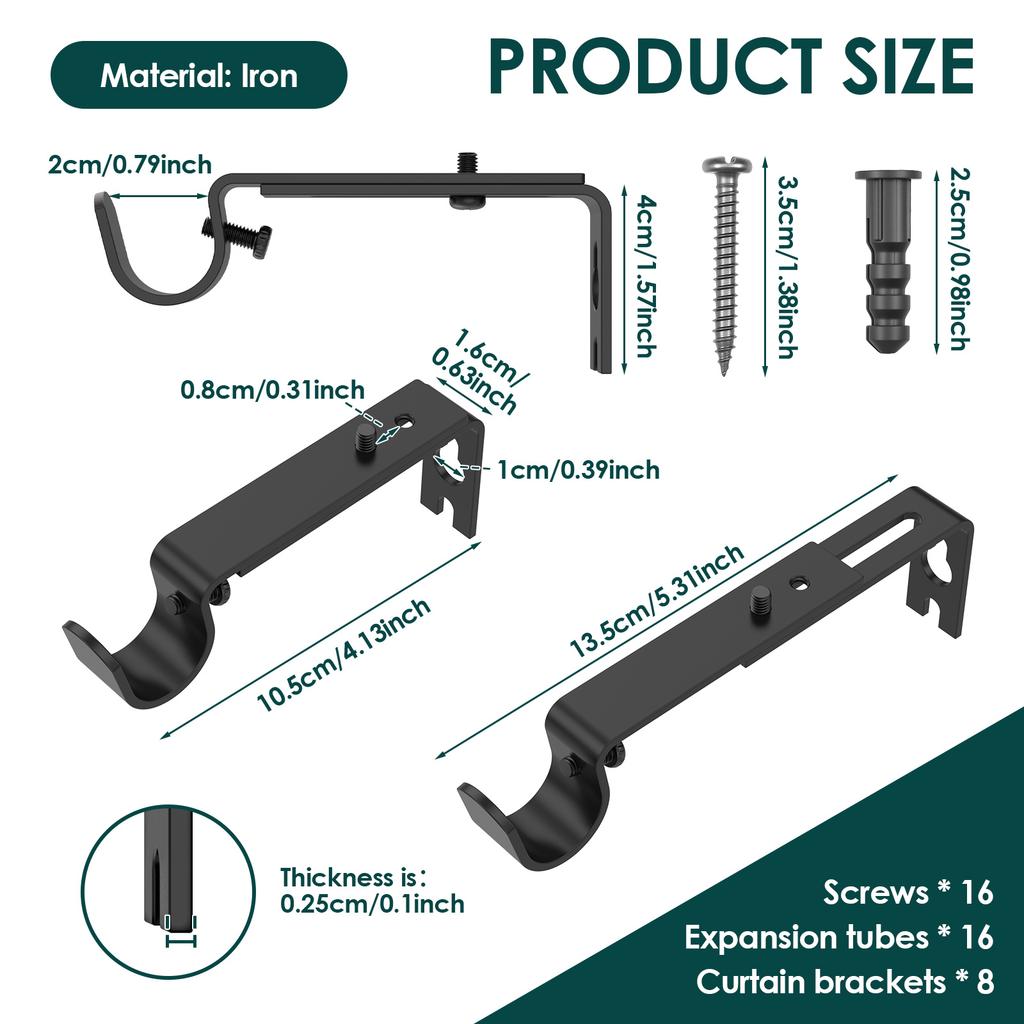 8Pcs Iron Adjustable Curtain Rod Bracket Rust Resistant Quick Mounting Drapery Rod Wall Holder for Home Living Room Bedroom