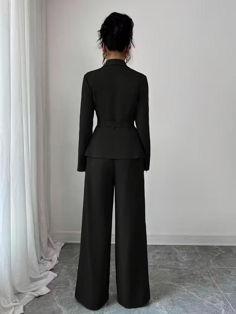 Women's European & American Spring/Autumn Fashion V-Neck Long Suit with Wide-Leg Pants Set