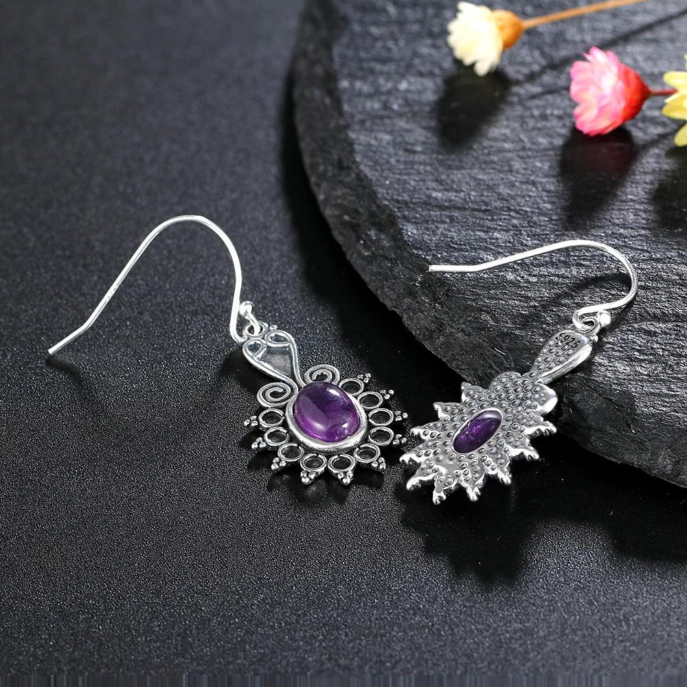 New Style Oval Ethnic Flower Amethyst Women's S Silver Drop Earrings Wedding Party Anniversary Engagement