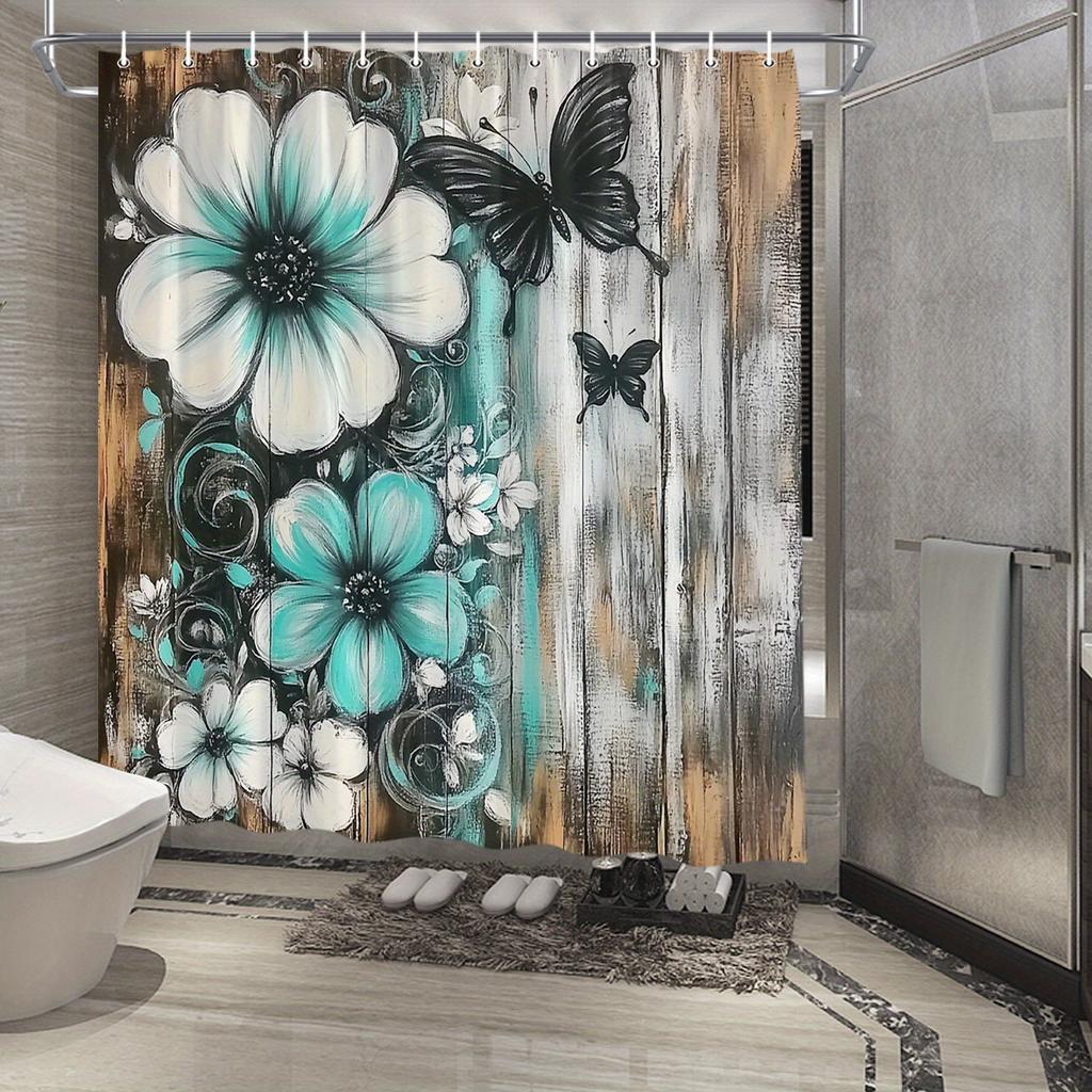 Whimsical Floral Shower Curtain - Teal & White Flowers, Black Butterflies, Rustic Wood Background, Polyester,Water-Resistant