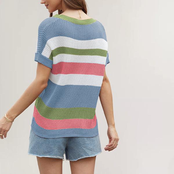 QICED Loose Patchwork Striped T-shirt Casual Pullover Women's Short-sleeved Sweater