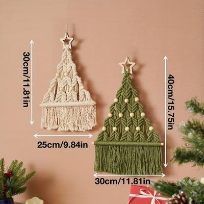 Κιτ Χειροτεχνίας DIY Μακραμέ Χριστουγεννιάτικο Δέντρο, Πράσινο & Μπεζ Πολυεστέρας, Εορταστική Διακόσμηση Τοίχου, Τέλειο Δώρο για Οικογένεια και Φίλους