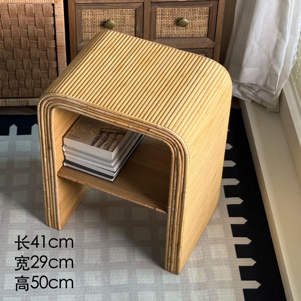 Handwoven Rattan & Bamboo Side Table, Double-Layer Storage Tea Table,Vintage Country Style Corner Table for Living Room Balcony