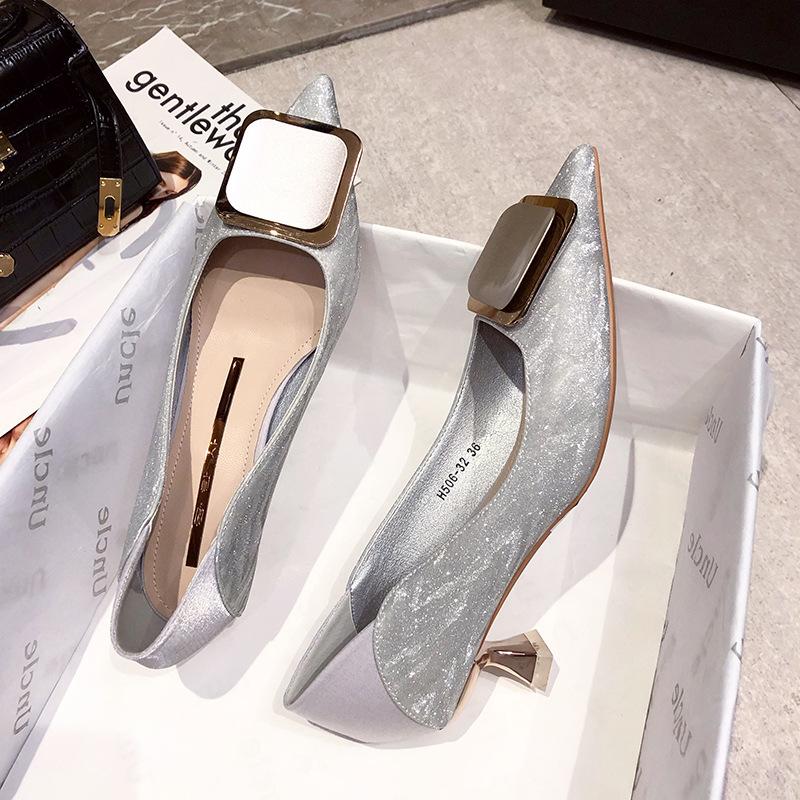 Bridesmaids Wedding Banquet Silver Shoes Women's Shoes with Skirts High Sense, Pointed Gold Powder French Beautiful Single Shoes Low Middle Heel