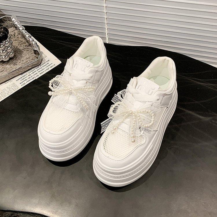 Net shoes 2025 spring new leather platform casual little white shoes women's height-increasing muffin shoes casual sports board shoes women