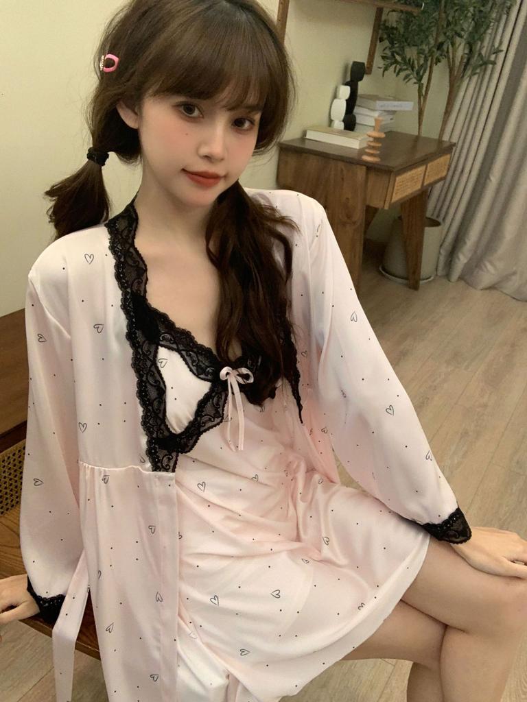 Pajamas sexy temptation women suspender nightgown ice silk spring new long-sleeved loungewear simulation silk nightdress summer