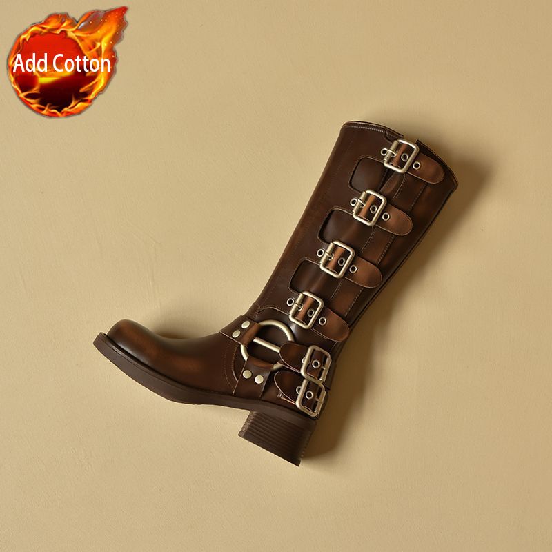 Fashion Square Toe Middle Heel Leather Women's Long Boots Autumn Winter Fleece-Lined Ladies Knee High Shaft Shoes Y2k Goth Footwear Sale