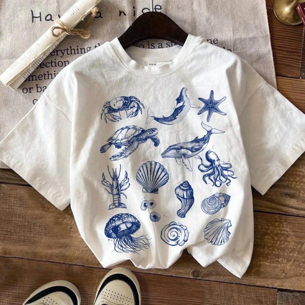 Casual Simple Cartoon Marine Life Print T-shirt Casual Versatile Short-sleeved Women Round Neck T-shirt Y2k Top Women Clothing