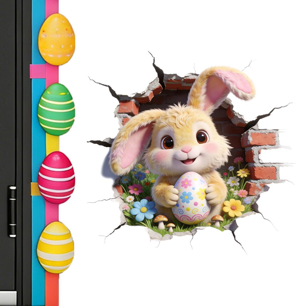 Easter Cartoon Broken Wall Cute Bunny and Eggs Holiday Home Decoration Wall Sticker Self-Adhesive
