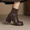 Thick-soled Women's Shoes,Soft Leather, Chunky Heels, Slim Stretch Boots, New High-heeled Ankle Boots