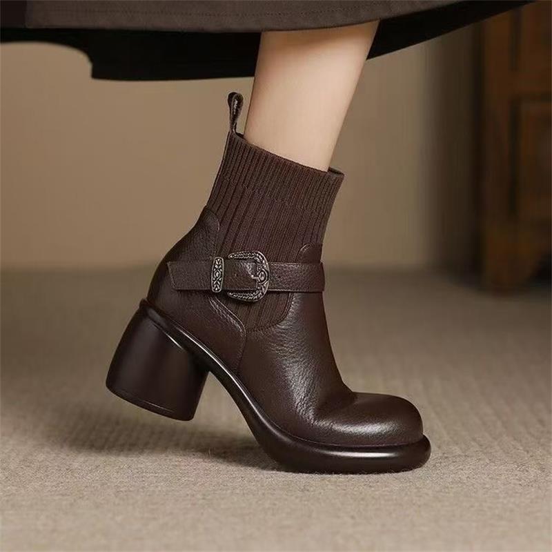 Thick-soled Women's Shoes,Soft Leather, Chunky Heels, Slim Stretch Boots, New High-heeled Ankle Boots