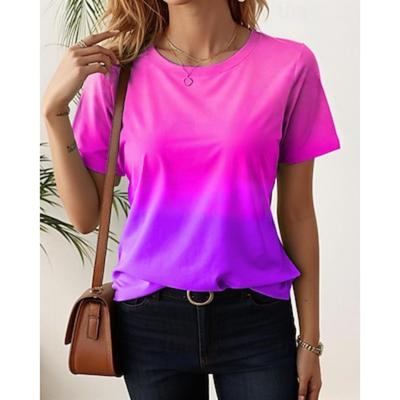 Maglietta da donna casual ombre girocollo giallo rosso sfumato manica corta morbida elasticizzata quotidiana estiva basic top