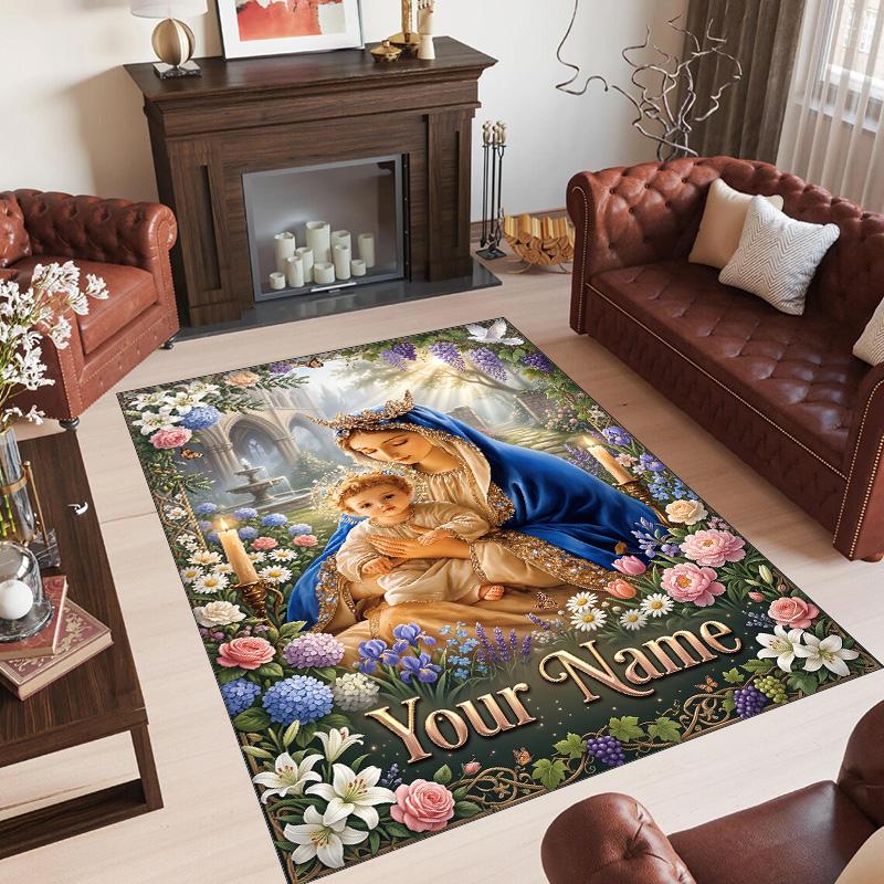 Virgin Mary Theme Crystal Velvet Rug Personalized Custom Name Text Soft Floor Mat Home Decor