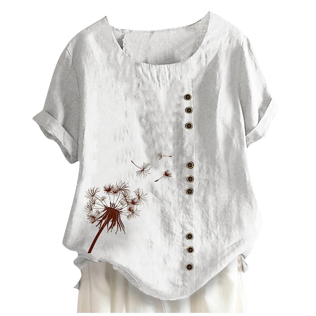 Kvinner Knapper Kortermet Blomstertrykk Knapper Bomull Lin Vintage Topp