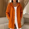 Women's Fashionable Solid Color Long Sleeved Loose Hooded Pocket Button Warm Jacket