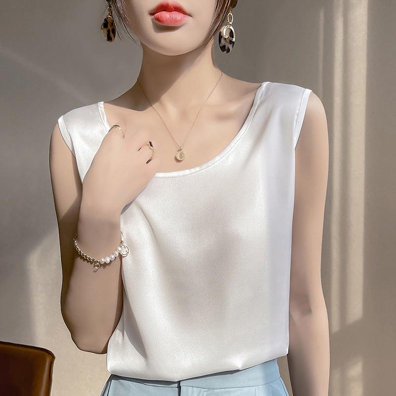 

Жіночий топ-майка з шовку шовковиці: Чорно-білий, З круглим вирізом, Вільна атласна базова майка, Літній топ M