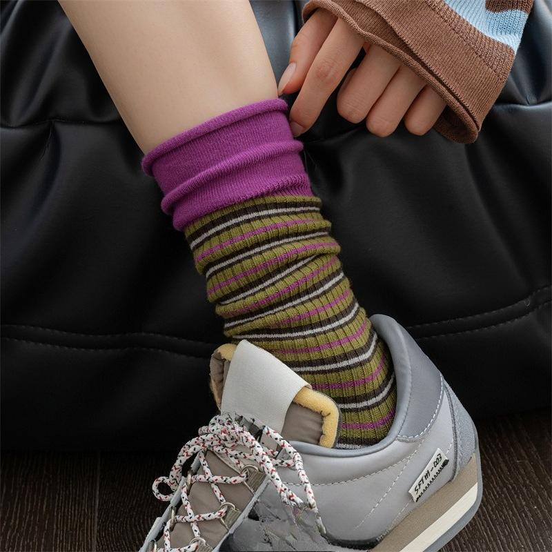 Autumn and Winter Color-blocking, Artistic and Retro Striped Mid-calf Socks for Women's Fashion, Pile Socks