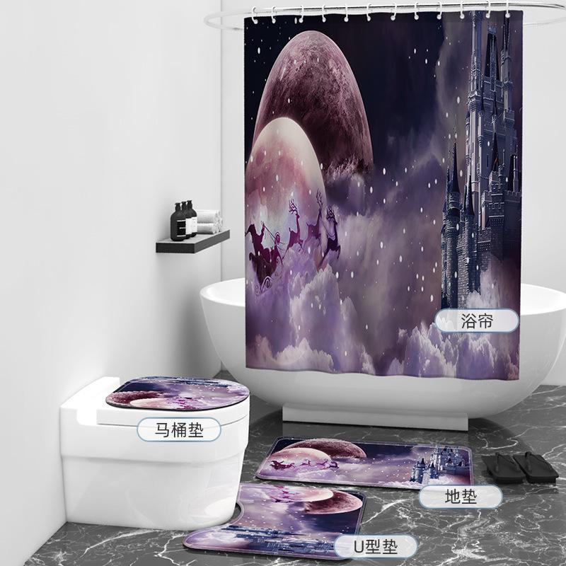Bathroom 4-Piece Christmas Digital Printing Bathroom Non-Slip Mat U-Mat And Shower Curtain Set