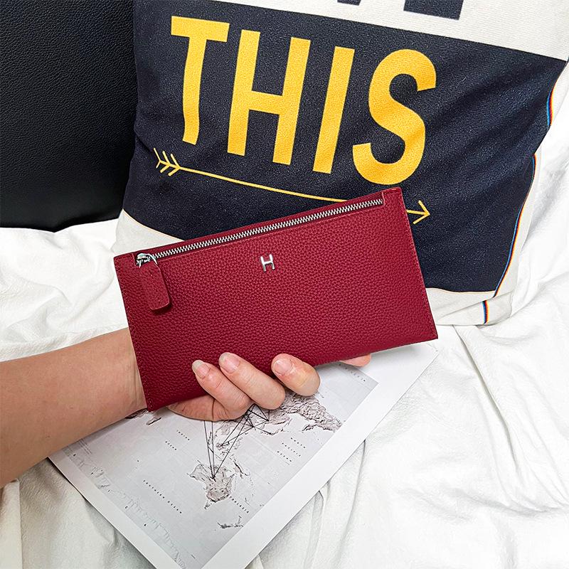 Women's Ultra-Thin Genuine Leather Wallet 2025: Top Grain Cowhide Clutch with Phone & Card Holder, Simple Zipper Design